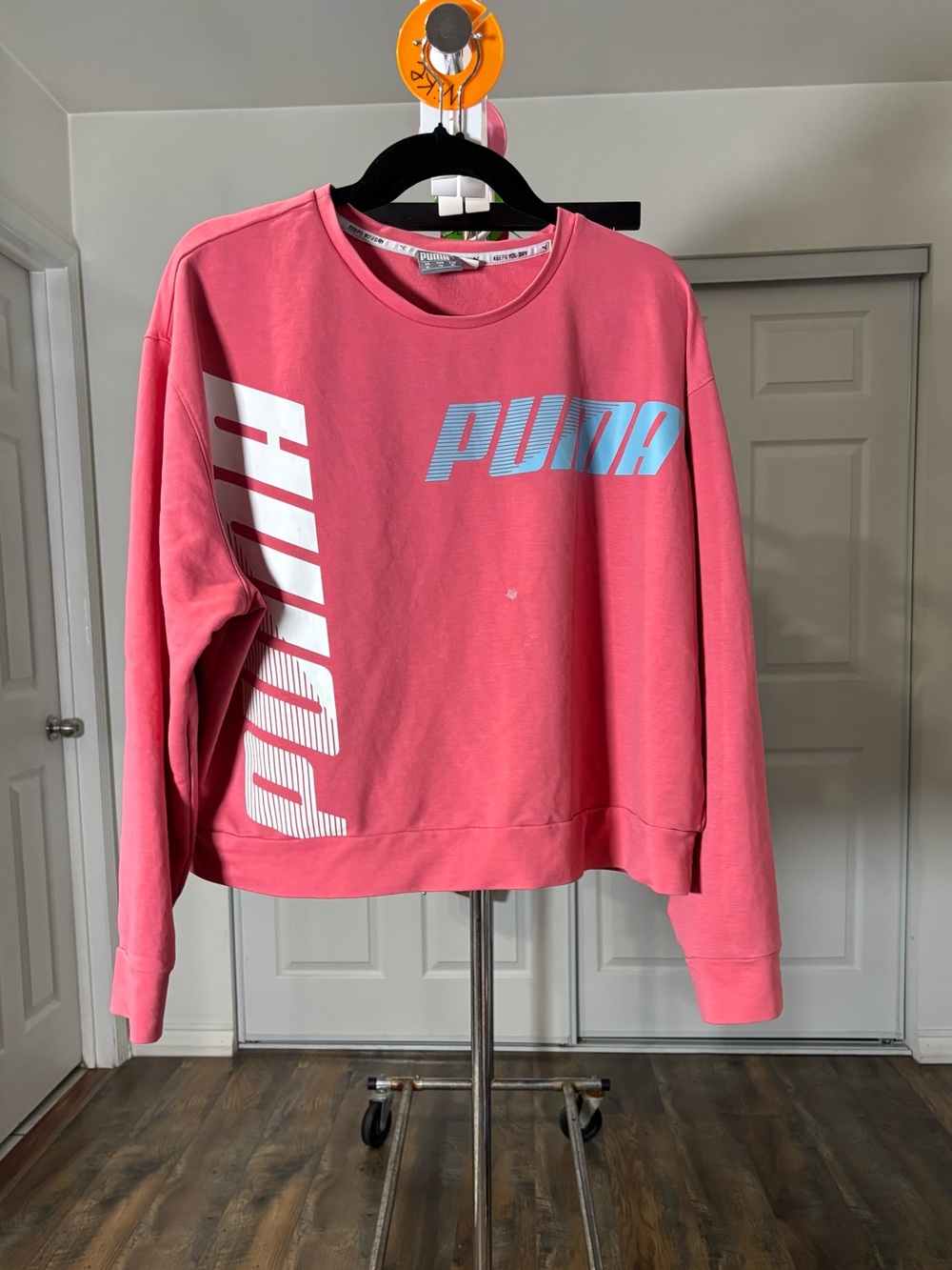 Puma Pink Tee with White Neck Tape and Light Blue Chest Logo